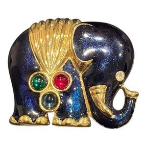 Vintage Cabochon Elephant Pin Brooch Red Green Blue Enamel Gold Tone JB9